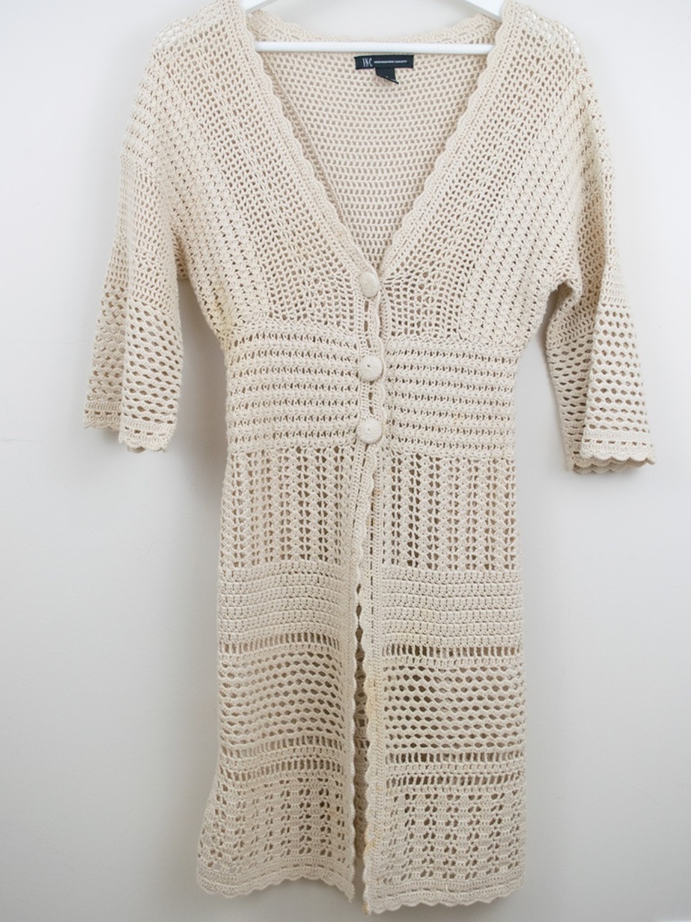 INC Open Weave Short Sleeve  Button Front Cotton Duster Long Sweater Size S